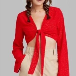 🖤Wild Fable Red Tie-Front Floral Sheer Velvet Blouse